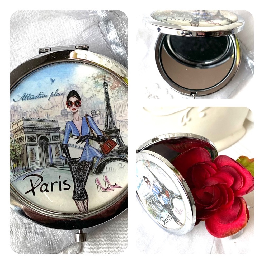 Mirror Mirror in my Purse retro designs Romantic Paris silver tone snaps shut